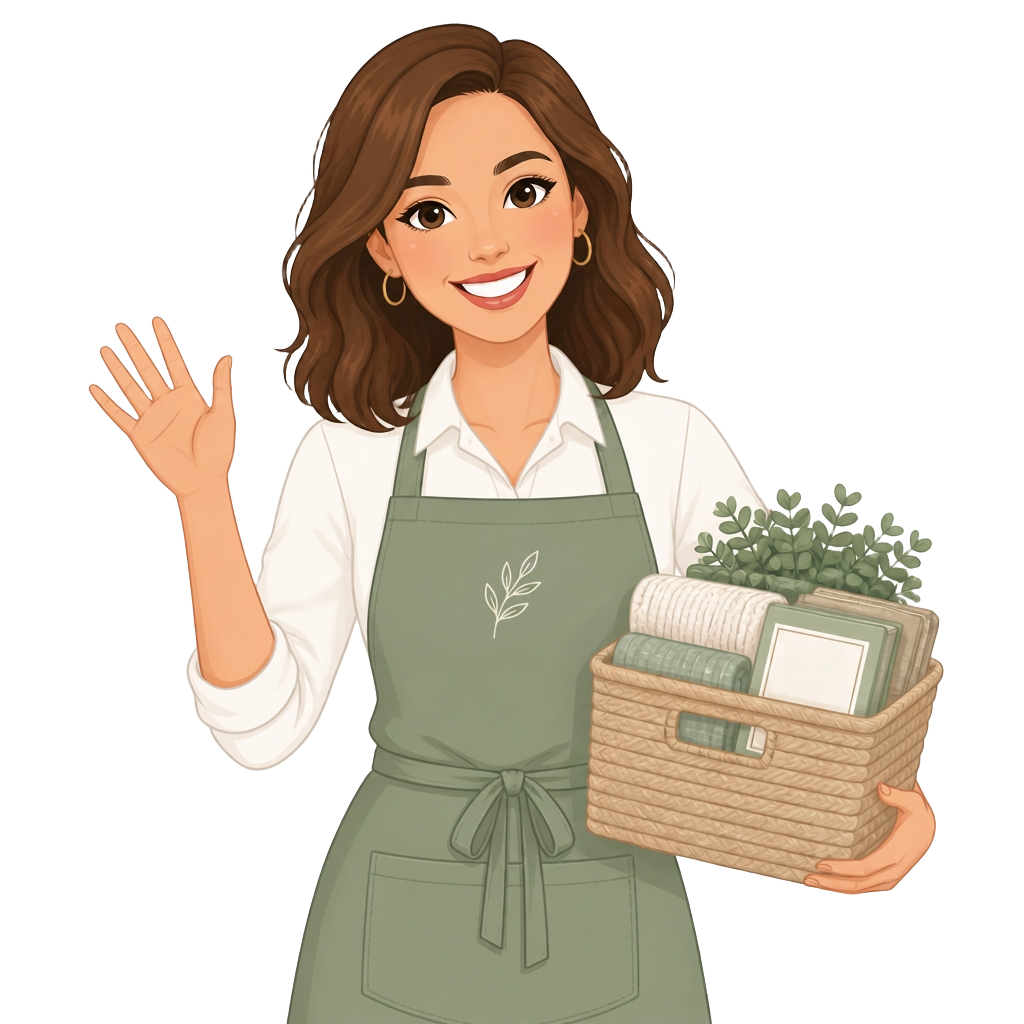 Jazz, your virtual organizing agent, illustrated, waving with a basket of folded linens